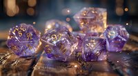 Translucent purple polyhedral dice with golden numbers on wooden surface against blurred bokeh background, creating magical gaming atmosphere for tabletop roleplaying games.