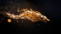 Dynamic splash of golden liquid forming wolf shape against dark background, with glowing particles creating dramatic motion effect.