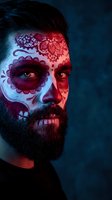 Bearded man with sugar skull face paint in dramatic red and blue lighting for Day of the Dead celebration and Halloween costume events.