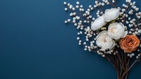 Elegant floral arrangement with white peonies, single coral rose, and baby's breath against deep teal background, creating modern minimalist composition.