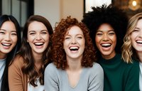 Diverse group of happy women laughing together in casual clothing, showing friendship and joy in modern indoor setting for lifestyle content.