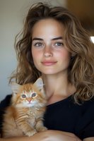 Young Caucasian woman with wavy brown hair holding ginger kitten close to face. Natural makeup, blue eyes, and gentle smile while cuddling fluffy orange cat in casual black top.