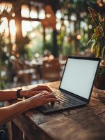 Person typing on laptop in cozy greenhouse café with warm sunlight streaming through windows and lush plants creating tranquil atmosphere.