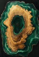 Luxurious emerald green and gold agate slice pattern with natural crystalline layers and organic shapes on black background, mineral texture close up.