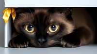 Siamese cat with bright yellow eyes peering through narrow opening, close-up portrait showing curious expression and dark face against light background.