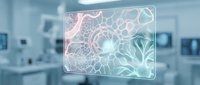 Futuristic holographic display showing glowing cell structures in a modern medical laboratory, representing advanced biotechnology and healthcare innovation.