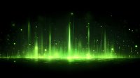 Glowing green aurora-like light beams rise from horizon against dark background with floating particles, creating mystical atmospheric effect. Suitable for tech backgrounds.