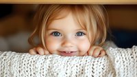 Cheerful young child with bright blue eyes and blonde hair peeks over white knitted blanket with playful expression, capturing pure joy and innocence in lifestyle portrait.