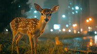 Young spotted deer fawn standing in urban environment at night with bokeh city lights creating magical atmosphere against dark background.