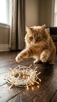 Orange tabby cat with striking green eyes crouching on dark wooden floor, focused on straw nest toy. Bright window with beige curtains in background. Indoor pet portrait for animal behavior, play, and home lifestyle content.