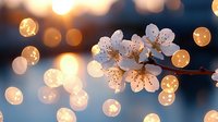 Cherry blossom branch with delicate white flowers against warm golden bokeh lights background for spring design projects and seasonal decorations.
