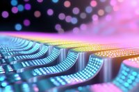 Futuristic circuit board with glowing neon lights and bokeh effects in blue, pink and yellow colors creating abstract technological background for digital concepts.