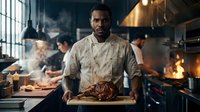Male chef of African descent holding grilled meat in professional kitchen with team cooking in background, flames visible in oven, industrial lighting and modern setup.