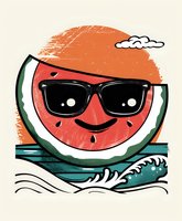 Smiling watermelon slice wearing sunglasses against ocean waves and orange sun background, retro style illustration with grunge texture effect for summer designs.