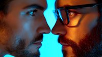 Close-up profile portrait of two bearded men facing each other in dramatic contrasting orange and blue neon lighting, creating intense emotional atmosphere.