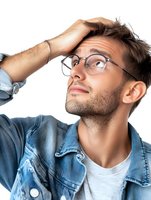 Young Caucasian man with glasses and denim jacket holding head in hand showing stress, confusion or headache isolated on white background.