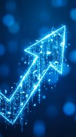 Digital blue arrow pointing upward with glowing particles and light effects representing growth, success and financial progress on dark background.