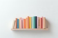 Colorful pastel books arranged in rainbow order on minimal wooden floating shelf against white wall, creating modern minimalist home library display.