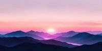 Tranquil mountain landscape at sunrise with layered peaks silhouetted against pink and purple sky, sun peeking over horizon creating peaceful panoramic view.