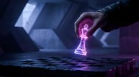 Hand holding glowing purple lightbulb over chess board in dark futuristic setting representing innovation strategy and creative business solutions.