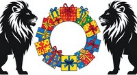 Two black lions facing each other flanking a colorful gift box wreath with red, yellow, blue and green presents arranged in a circle on white background, isolated design element for holiday marketing and seasonal promotions.