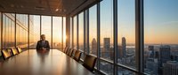 Professional businessman in suit sitting at modern conference table in high-rise boardroom with panoramic city skyline view during golden hour sunset.