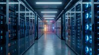 Modern data center server room with rows of network equipment and blue LED lighting for technology and cloud computing applications.