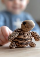 Handcrafted woven sea turtle made from natural fiber rope with cute smiling face, shown on wooden surface. Child's hand reaching in background creates tender moment.