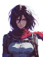 Young Asian female warrior character with intense gaze, short black windswept hair, red scarf and military-style outfit against dramatic lighting background.