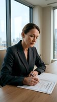 Mature businesswoman signing contract documents at modern office desk with city skyline view through windows for corporate agreements.