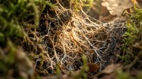 Tangled network of fine plant roots exposed in rich garden soil with moss and organic matter creating natural texture for botanical studies.