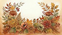 Watercolor autumn floral frame with chrysanthemums, ferns, berries, and fall leaves in warm orange, red, and green tones on a light background.