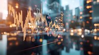 Financial chart with glowing candlestick graph overlay on blurred urban cityscape background with skyscrapers and sunset light reflections.