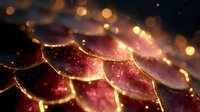 Magical glowing dragon scales in dark red and gold colors with sparkles and bokeh light effects create mystical fantasy atmosphere for book covers and game art backgrounds.