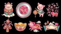 Festive pig character collection with lanterns and decorative elements isolated on transparent background, ready for t-shirt design, clipart, stickers, sublimation and print-on-demand projects.