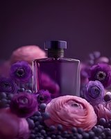 Luxury purple perfume bottle surrounded by pink and purple ranunculus flowers and blueberries on elegant violet background for cosmetic advertising.