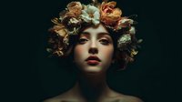 Young woman with floral crown of peach and white blooms against dark background, dramatic lighting highlighting facial features and red lips.