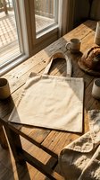 Natural cotton tote bag on rustic wooden table with morning sunlight streaming through window creating warm shadows for eco-friendly shopping and lifestyle.