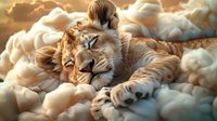 Young lion cub sleeping peacefully among fluffy white clouds at sunset, warm golden light illuminating fur, creating dreamy atmosphere for nature and wildlife concepts.