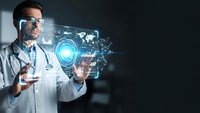 Male doctor in white coat using futuristic holographic interface with digital data visualization and world map for medical technology innovation.