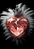 Pink crystal heart with ornate crown surrounded by white feathers on black background for luxury jewelry design and romantic Valentine's Day concepts.