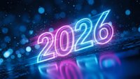 Glowing neon 2026 numbers in pink and blue lights with bokeh effects and sparkling particles on dark background for New Year celebration and future concepts.