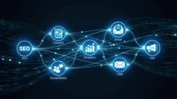 Digital marketing network with interconnected icons for SEO, social media, email, CRM, analytics and advertising on dark tech background for business strategy.