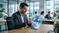 Smiling Caucasian businessman in suit interacting with holographic data interface projected from laptop in modern office.