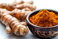 Fresh turmeric root and bright orange ground turmeric powder in decorative ceramic bowl on white background, macro food photography for cooking and wellness.