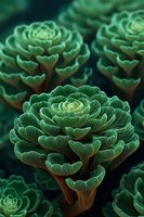 Lush green succulent plants with layered rosette formations and delicate petal-like leaves creating a natural geometric pattern for garden design.