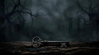 Ornate vintage key lying on weathered wood surface with dark, moody cemetery backdrop featuring bare trees and gothic architecture, suitable for mystery and horror designs.