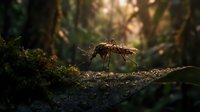 Macro shot of a brown spider crawling on a moss-covered branch in a forest environment with soft, diffused sunlight filtering through trees.