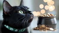 Black cat wearing green shamrock collar looking up near pot of gold coins against blurred bokeh lights background, celebrating St Patrick's Day holiday theme.