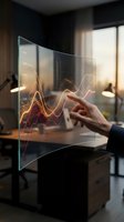 Businessman hand touching futuristic holographic display with glowing data charts and analytics in modern office environment for business presentations.